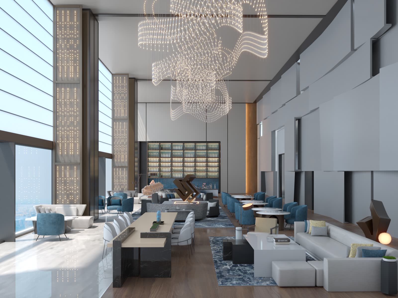 Luxury hotel lounge interior with sculptural chandelier