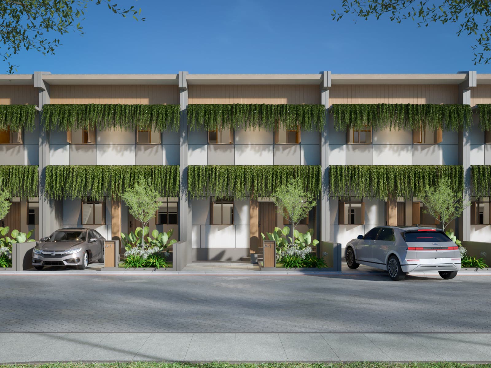 Green townhouse facade with cascading plants