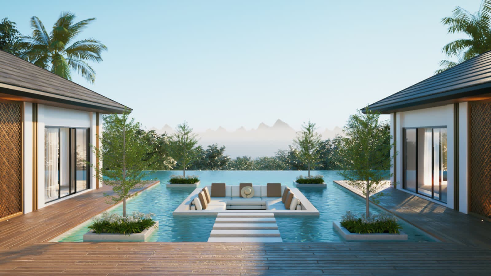 Sunken lounge villa courtyard with infinity pool