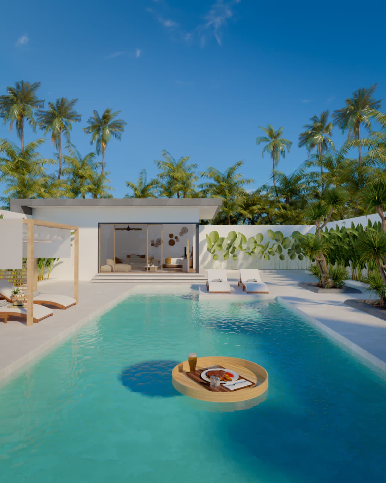 Tropical villa pool with floating breakfast tray