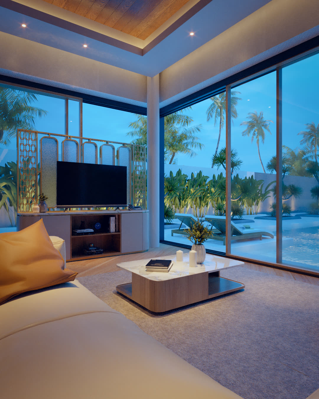 Evening living room with poolside view