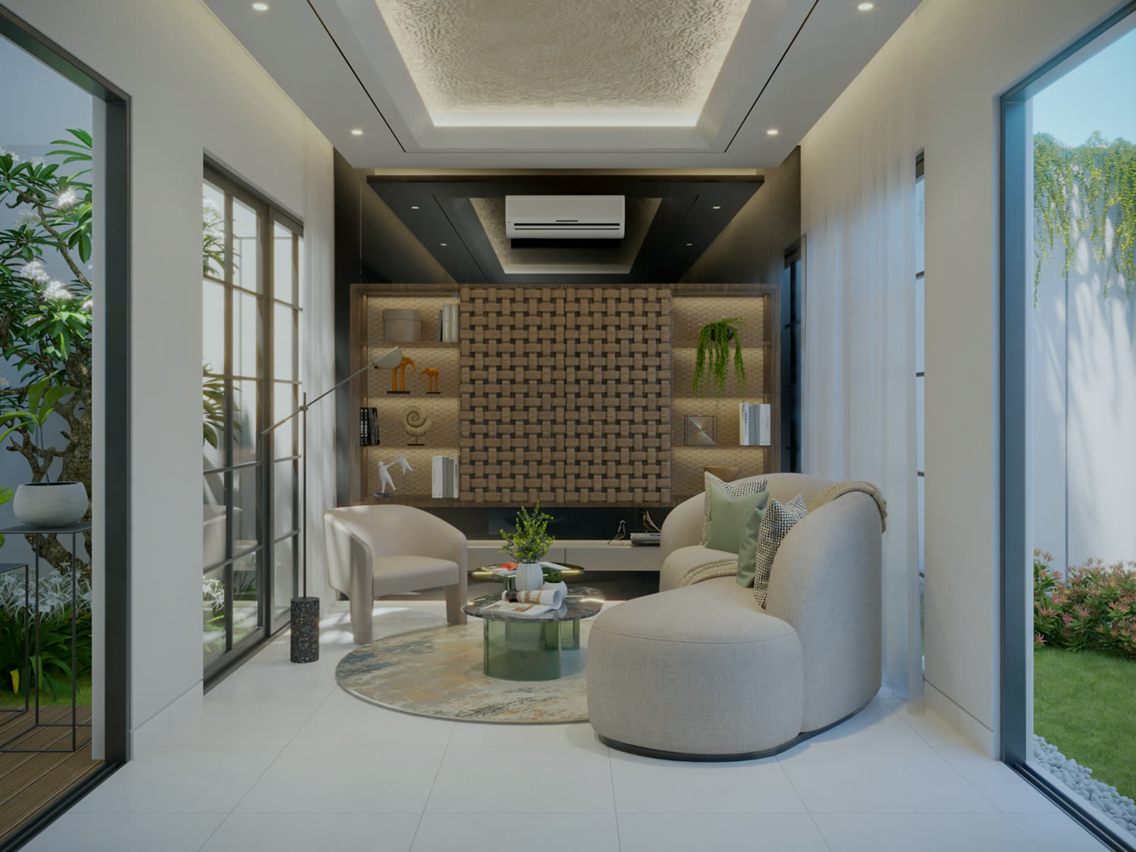 Cozy lounge interior with woven feature wall